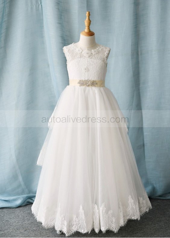 Beaded Ivory Lace Tulle Back Tiered Skirt Timeless Flower Girl Dress